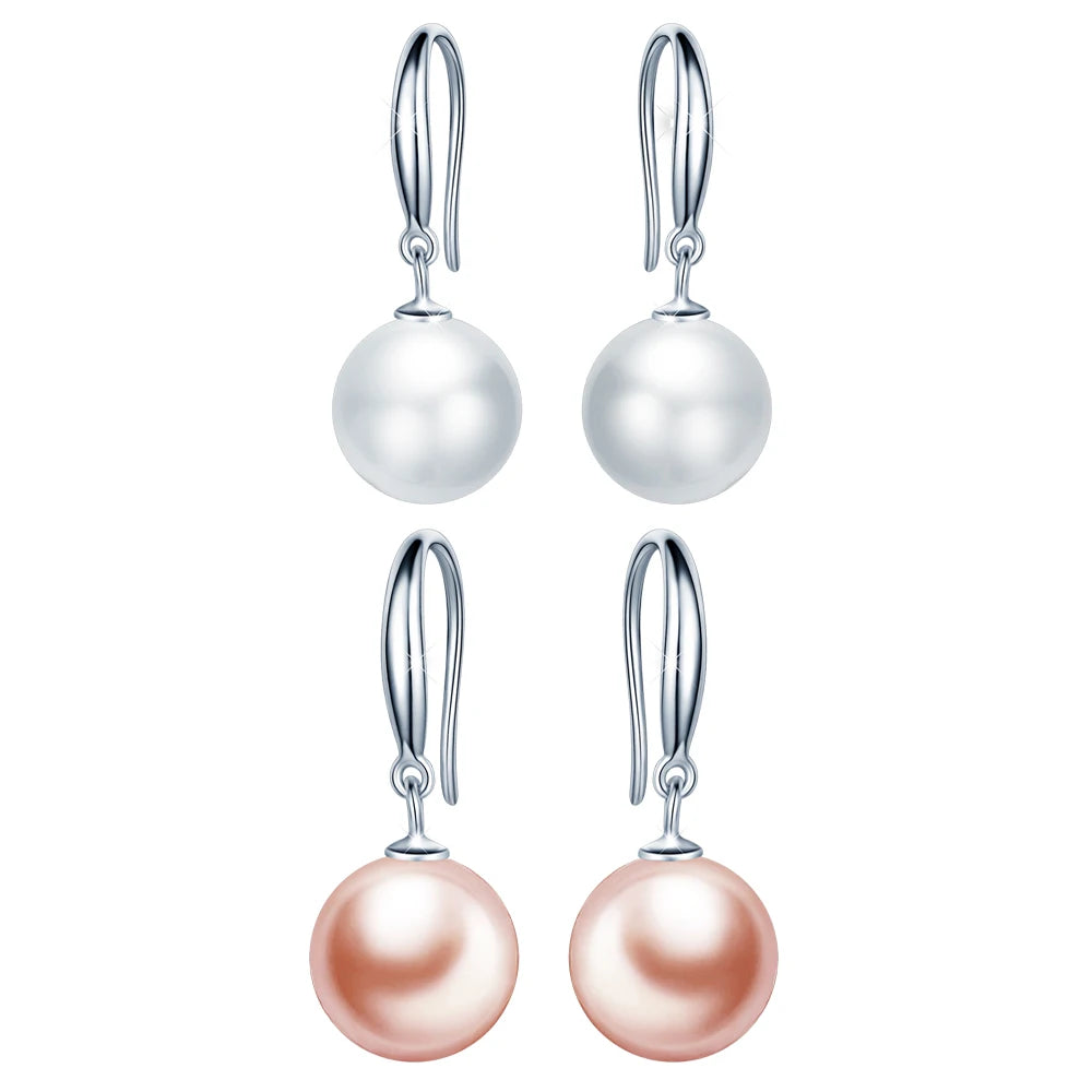 Pink White Fine Freshwater Pearl Round Shellfish Hanging 925 Sterling Silver Women Hoop Earrings