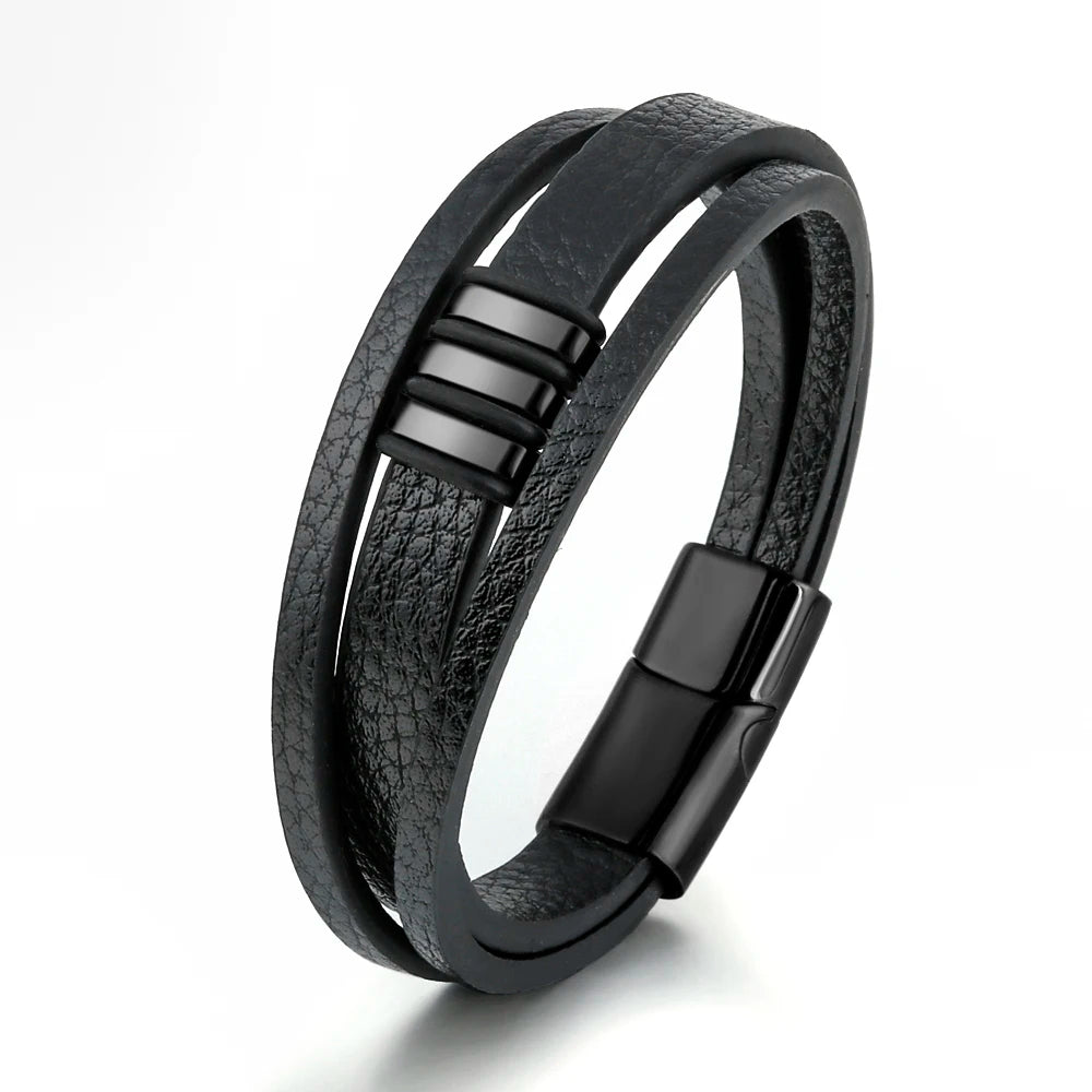 New Fashion Original Handmade Multilayer Men's Genuine Leather Braided Stainless Steel Bracelet Antique Silver Plated Ball Shape