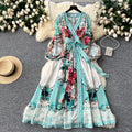 ZT1509 Women's European American Senior Maxi Dress V-Neck Lantern Sleeve Ruched Decoration Sweet Chiffon Printed Temperament