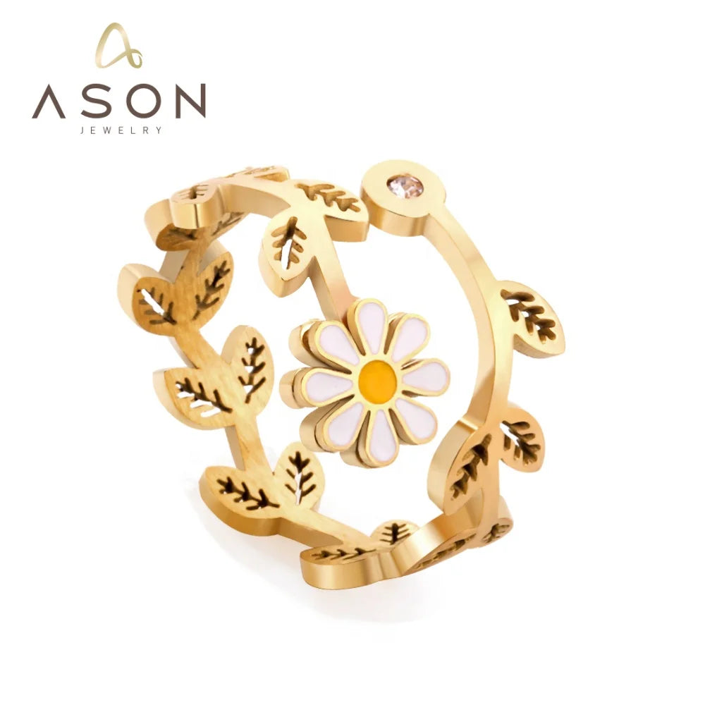 Ason Wholesale 304/316L Stainless Steel Ring Ladies Party Gift Jewelry Fashion Daisy Flower Design 18k Gold Plated Ring