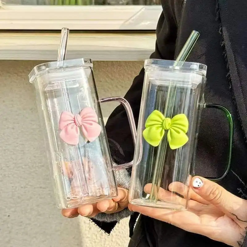 New Fashion 400ml High Borosilicate Glass Tumbler Plastic Lids Glass Straws Hand-made BPA Free Dishwasher Safe for Unisex