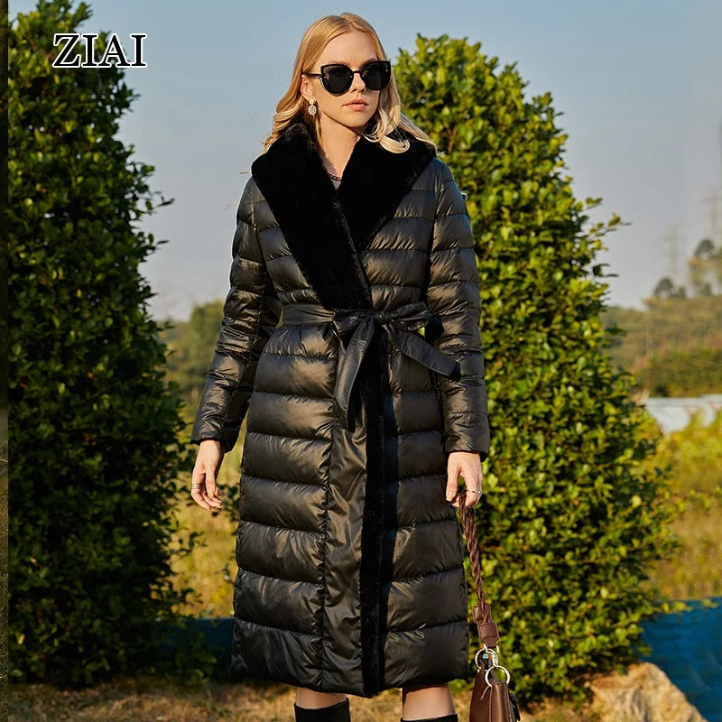 ZIAI New Winter Women's Coat Women Long Warm Parka Jacket With Rabbit Fur Fuzzy Hooded Belted Puffer Coat