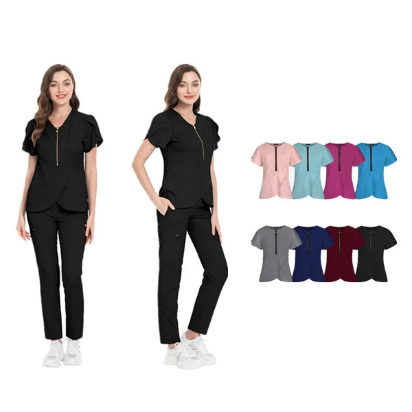 Professional Beauty Salon Zipper Collar Women Dental Scrubs Suit Custom Logo Pet Hospital Slim Nurse Doctor Scrubs Sets Uniform