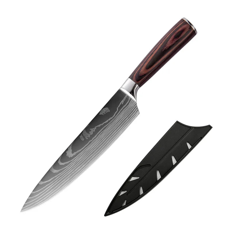 STELLAR 8 Inch Kitchen Chef Knife 4Cr13 High Carbon Stainless Steel Damascus Laser Pattern Pakka Wood High-Polish Finish Slicing