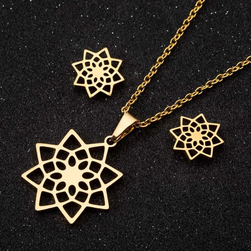 18K Gold Silver Plated Stainless Steel Earring Necklace Good Karma Lotus Flower Jewelry Set for Women