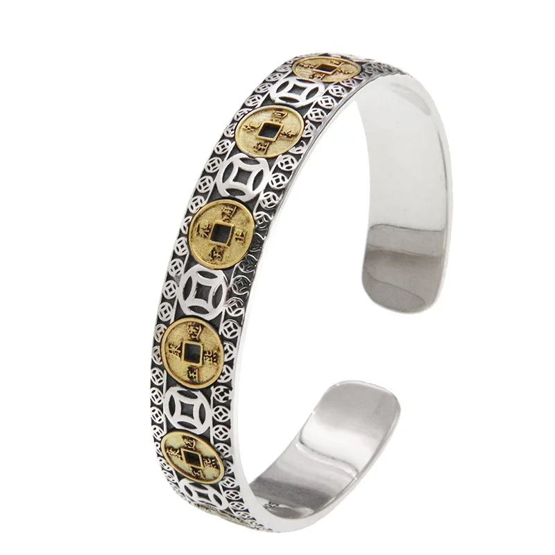 S925 Sterling Silver Bracelet Bangles Men's and Women's Vintage Coin Opening Adjustable Jewelry