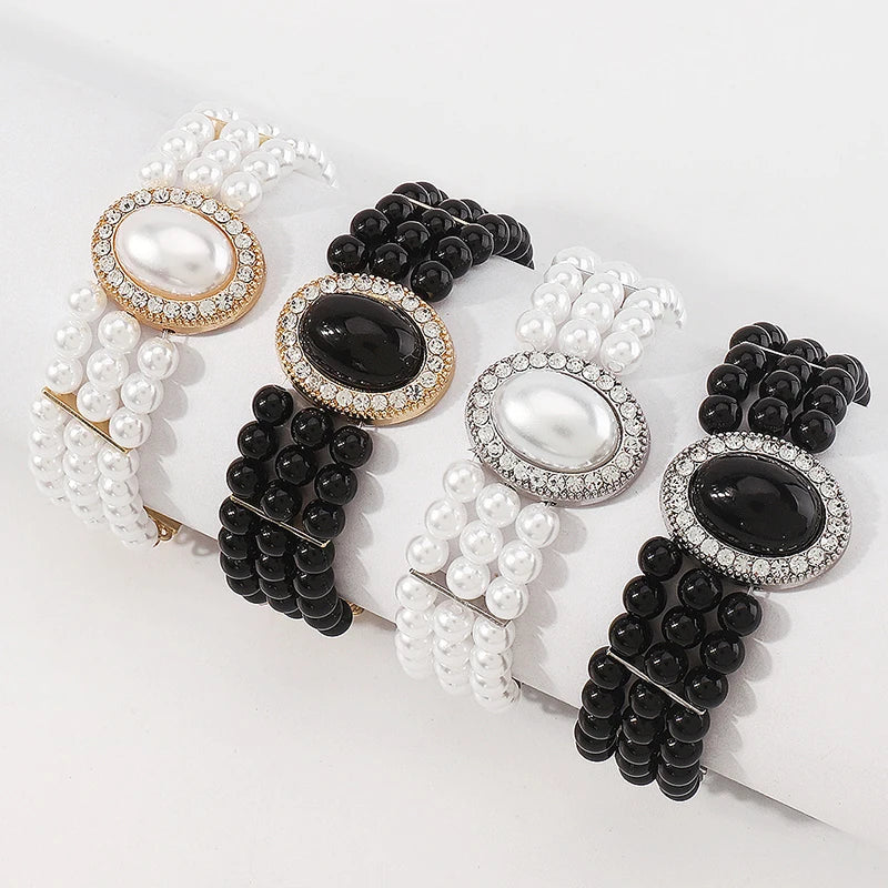 Kaimei Fashion Jewelry Customized Retro Elegant Bracelet Pearl Water Diamond Resin Beads Elastic Bridal Pearl Bracelets Women