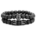 Risingmoon 2Pcs/Set Male Pave CZ Skull Crown Beads Natural Lava Stone Bracelet Bangle Sets Mens Women Jewelry Homme Bijoux