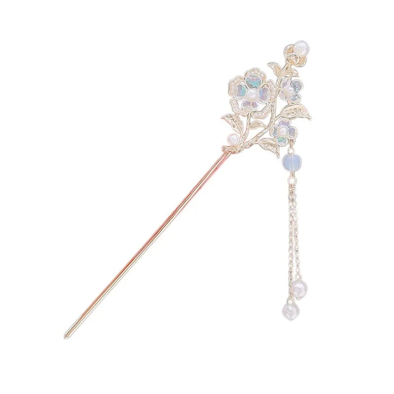 AA00598 Chinese Style Headwear Alloy Pearl Diamond Chain Tassel Flower Hairpin