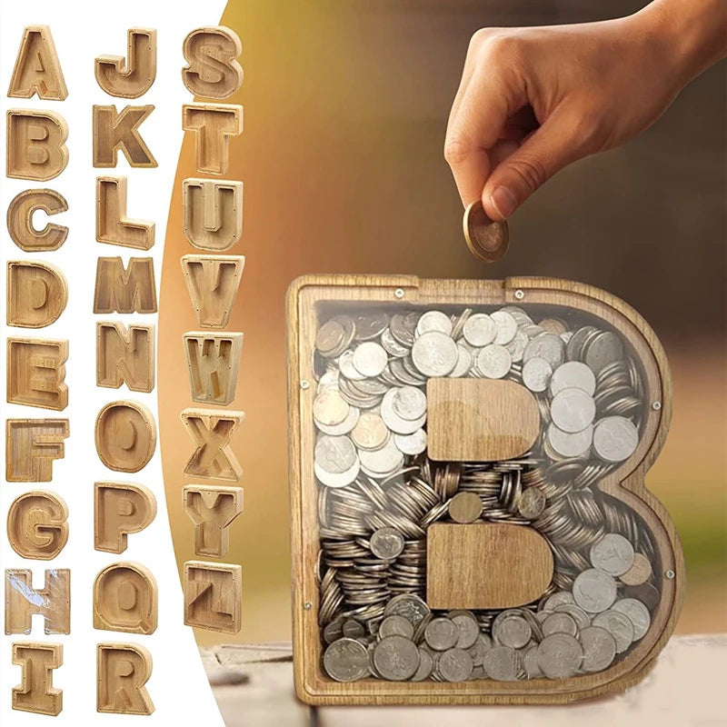 Antique Creativity Wooden Money Box Vintage Style Christmas Birthday Gift Children ABC Letter Oak Piggy Bank Craft Customizable