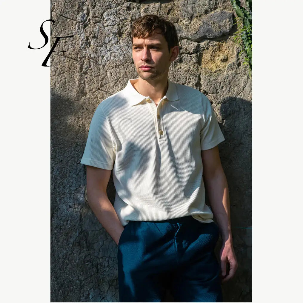 Custom Casual Short Sleeve Striped Button Top Soft Terry Towelling Cloth With Corduroy Men's Polo Shirts