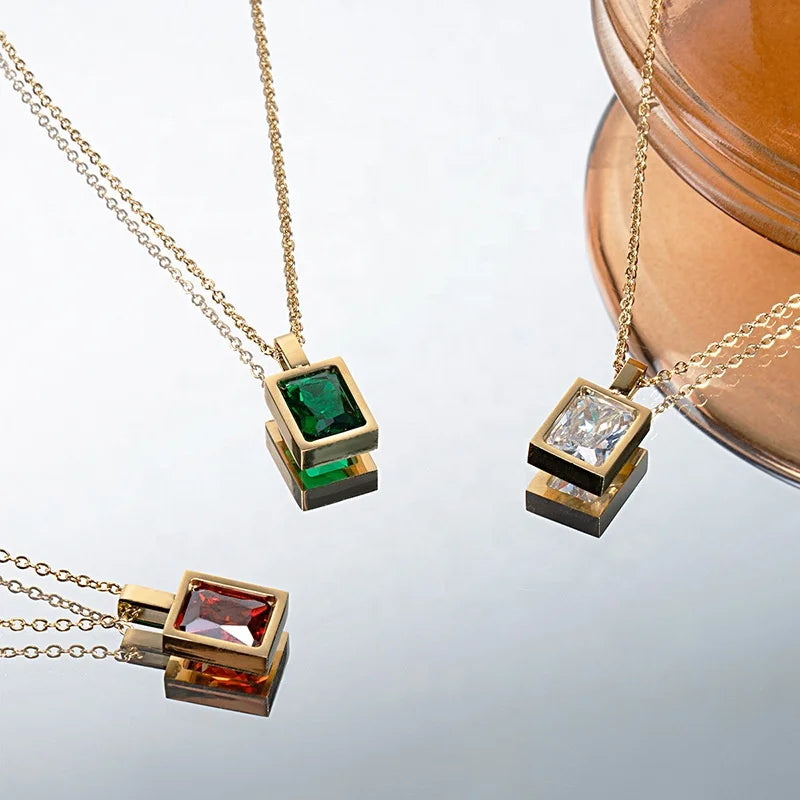 Dina Fashion Elegant 18K Gold Plated Triangle Charms Emerald Green Stone Choker Necklace Stainless Steel Jewelry Women