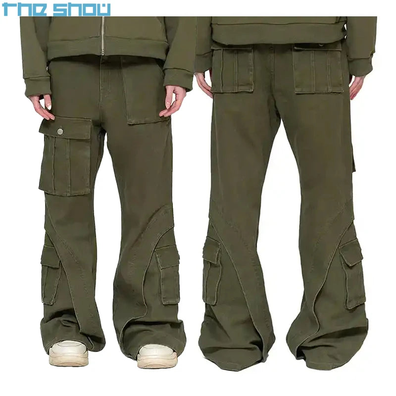 Men's Custom Logo Street Wear Baggy Jeans Casual Work Trousers with Multi-Pocket Denim Cargo Pants Mid Waist