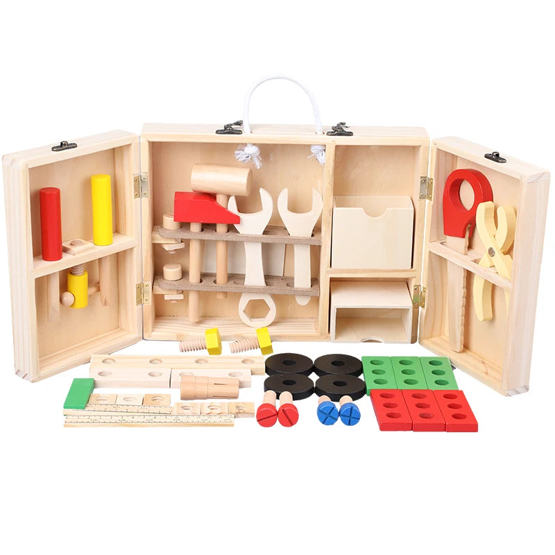 Portable Wooden Simulation Toolbox Set Toys Solid Wooden Repair Tools Educational Toy for Kids