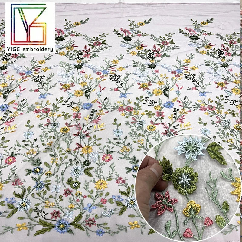 Manufacturer Wholesale African Womens Flower Mesh Mix Color Fabric Embroidery Wedding Gown Dress Tulle Embroidery 3D Lace Fabric