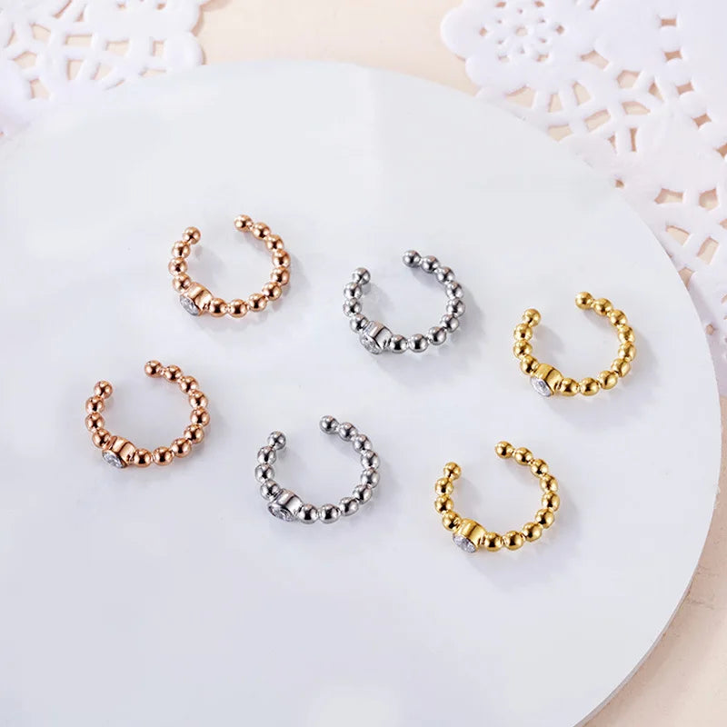 Waterproof Tarnish Free Designer Inspired Stainless Steel Open Ear Conch Hoop Cuff Beads Chain Shape Earrings Non Pierced Ears