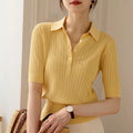 Summer New Hollow Knit T-shirt Solid Color Short-sleeved Polo Collar Shirt Knitted T-shirt for Women