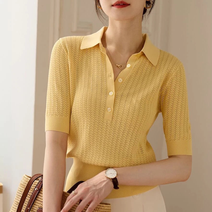 Summer New Hollow Knit T-shirt Solid Color Short-sleeved Polo Collar Shirt Knitted T-shirt for Women
