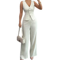 S-3xl Women's Solid Color Sleeveless Slim Fitting Vest Two Piece Set of High Waisted Wide Leg Pants