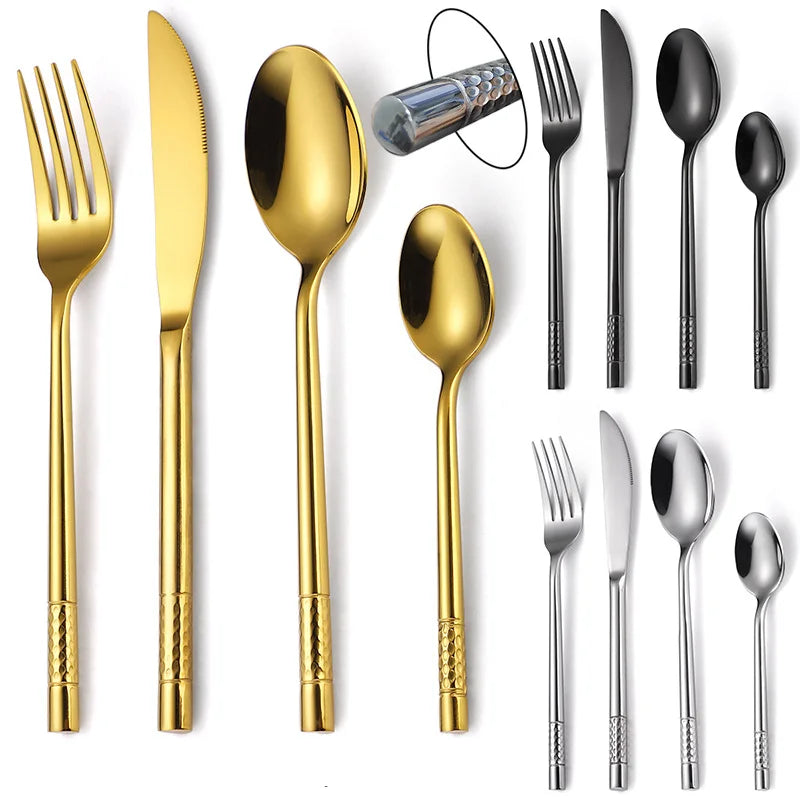New Design Round Handle 18/0 Stainless Steel Wedding Cutlery Set Spoon Knife and Fork Set Silverware Golden Cutlery Set