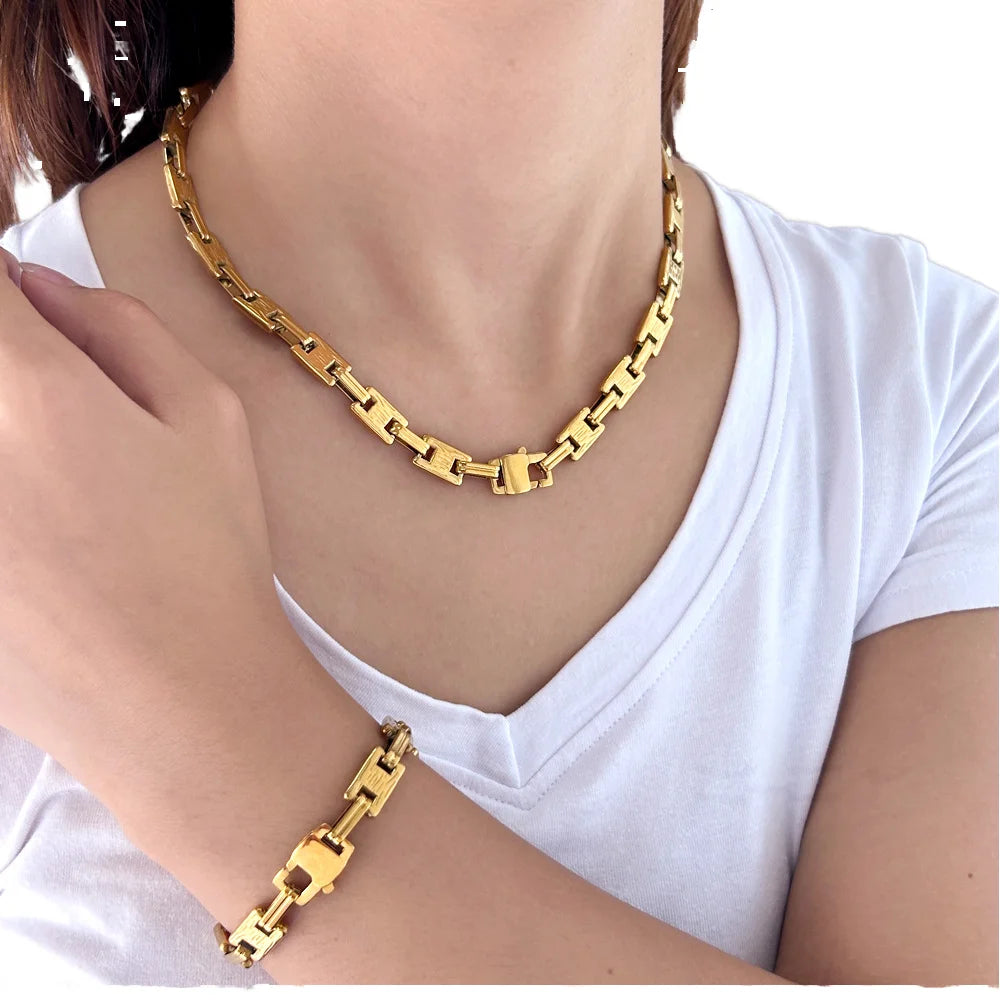 New Punk Street Style Stainless Steel Bracelet and Necklace Set Gold Plated Square Buckle Chain Trendy Rope Chain