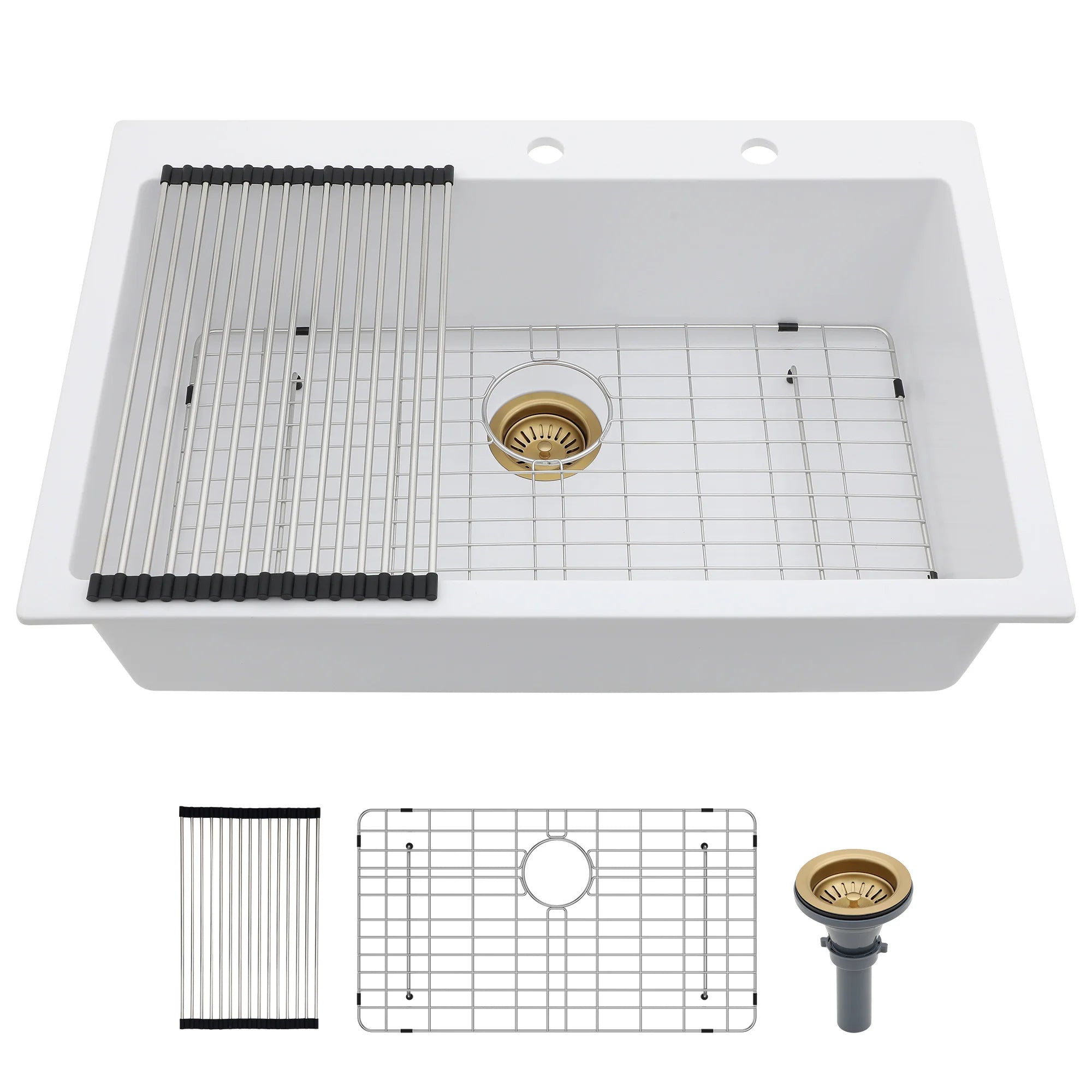Top Mount  White Single Bowl Drop in Quartz   33 Inch Granite Composite Kitchen Sinks