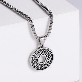 Mens Silver Chain Double Hollow Necklace Men's Silver Stainless Steel Celtic Dara Knot Ring Medallion Pendant Necklace