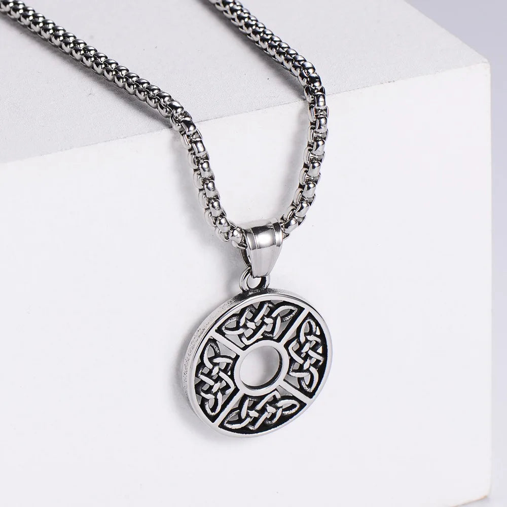 Mens Silver Chain Double Hollow Necklace Men's Silver Stainless Steel Celtic Dara Knot Ring Medallion Pendant Necklace