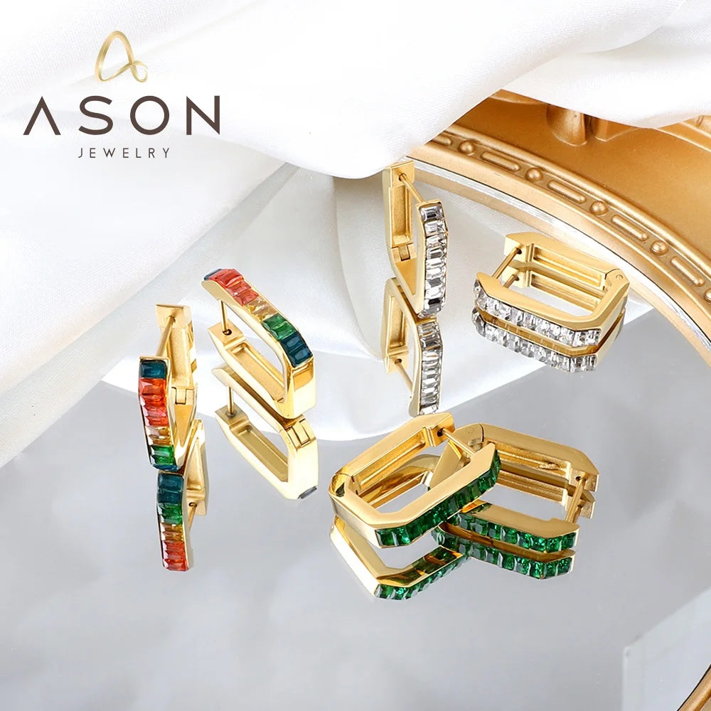 Ason Trendy Geometric Fashion Colorful Cubic Zirconia Big Hoop Earrings Stainless Steel Gold Plated Wedding Earrings for Women