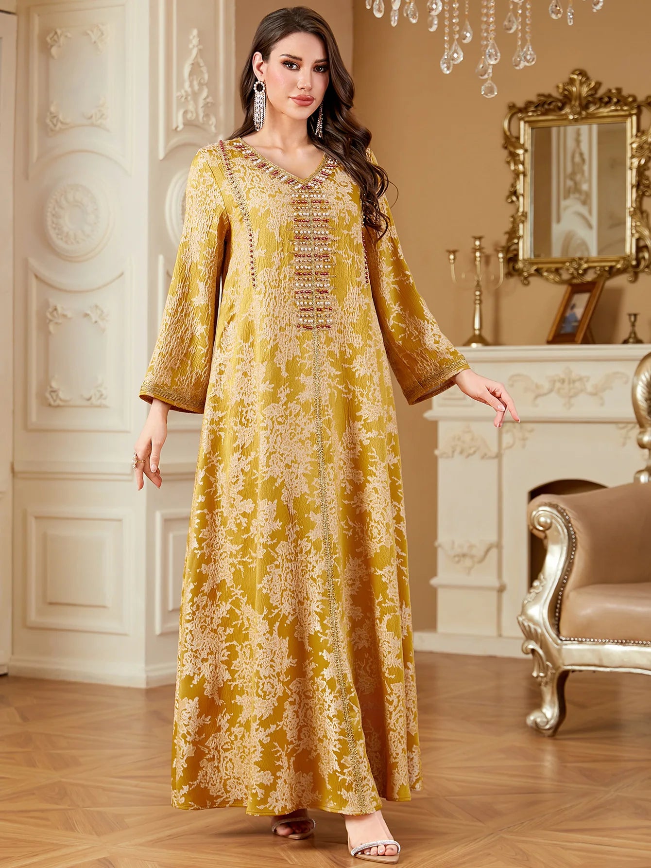 2025 Design Luxury Abaya Dress V-neck Long Sleeve Embroidered Silver Trim Belt Solid Slamic Clothing Muslim Dress Women