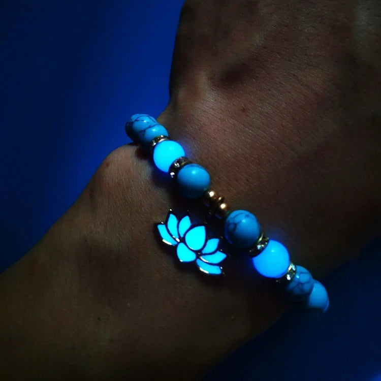 ZB Glowing Accessories Stretch Yogas Bracelet Glow in the Dark 8mm Multicolor Turquoise Lotus Pendant Bracelet for Women Girls