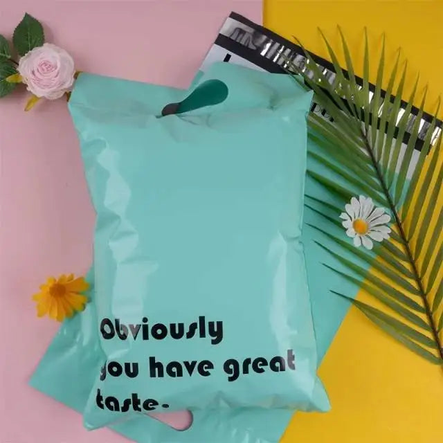 Obviously You Have Great Taste Biodegradable Compostable Matte Green Pink White Printed Poly Mailers with Handle