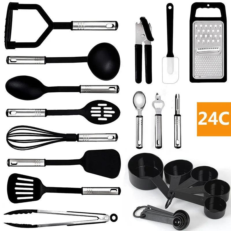Factory Price Nylon Kitchenware Set Stainless Steel Handle 24PCS Cookware Set Cooking Appliances