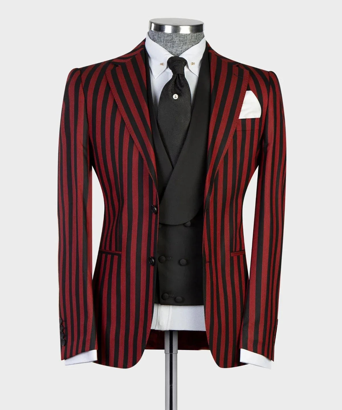 Burgundy Men's Suit 3 Pieces Blazer Vest Pants Peaked Lapel Single Breasted Tuxedo Wedding Groom Pinstripes Formal Costume Homme