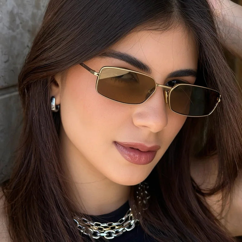 2025 Retro Fashion Rectangle Metal Frame Punk Sun Glasses UV400 Small Frame Square Sunglasses Women Men