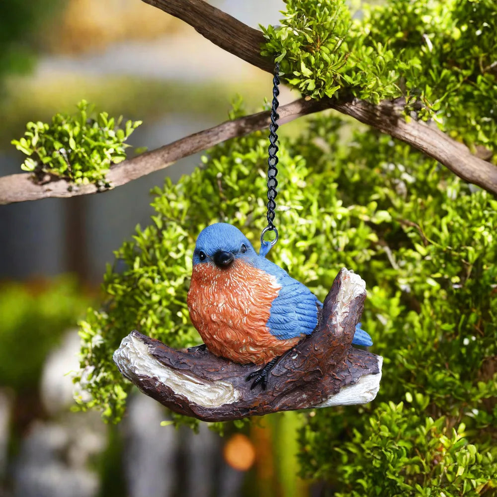 Blue Orange Robin Bird Resin Hanging Ornament with Weathered Wood Stump Realistic Feathered Garden Decor for Outdoor Patio