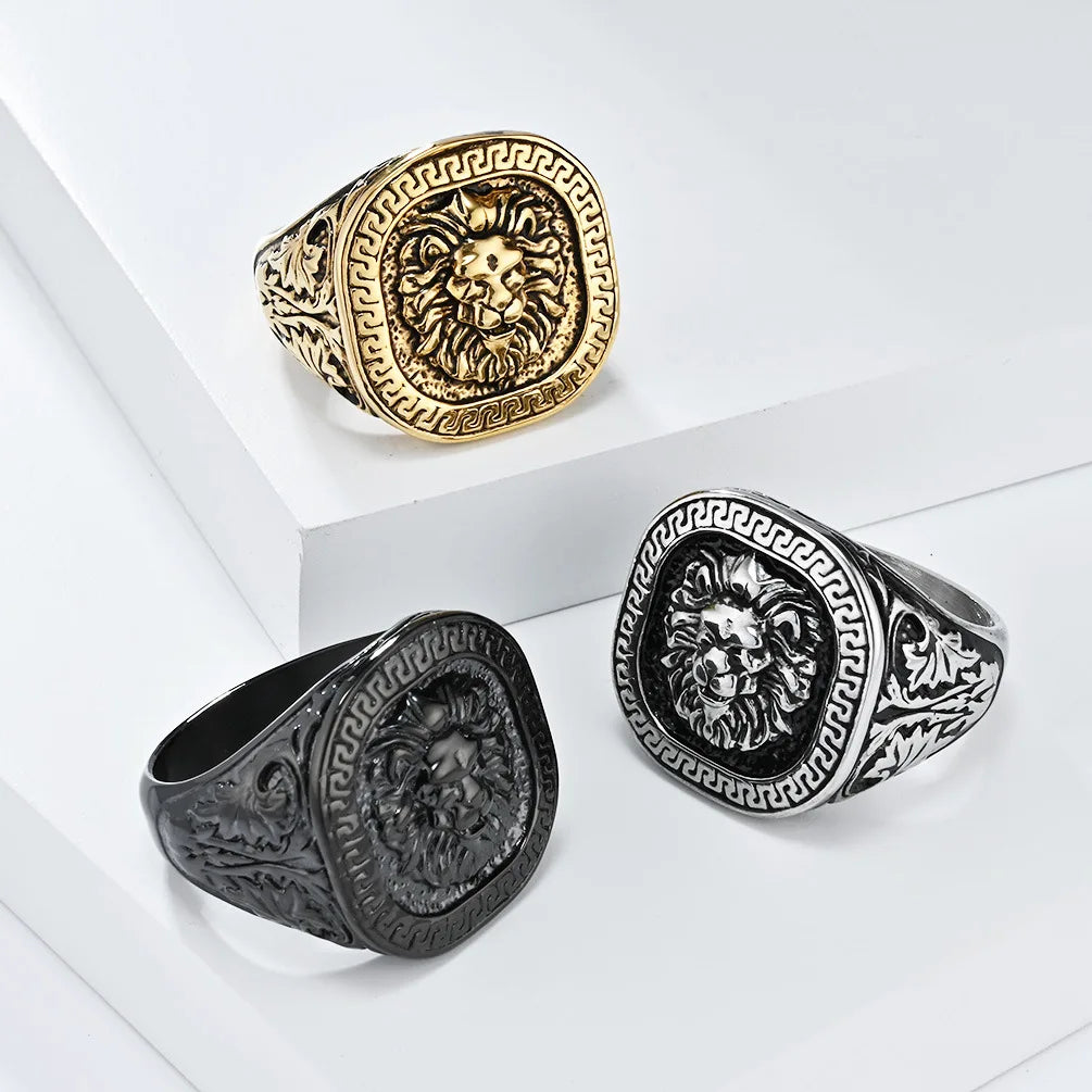 Personalized Vintage Meander Wrapped Edge Domineering Lion Head Stainless Steel Rings Men's Ring Wholesale