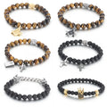 New Style Unisex Tiger Eye Natural Stone Masonic Crown Cross Jewelry Matte Agate Beaded Christian Elastic Rosary Bracelets
