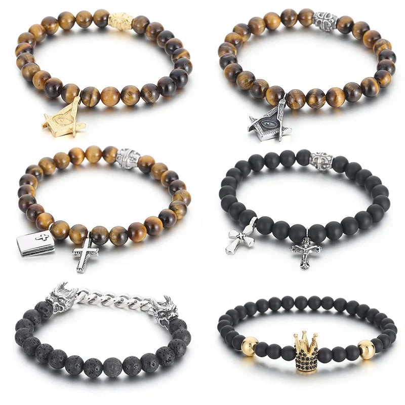 New Style Unisex Tiger Eye Natural Stone Masonic Crown Cross Jewelry Matte Agate Beaded Christian Elastic Rosary Bracelets