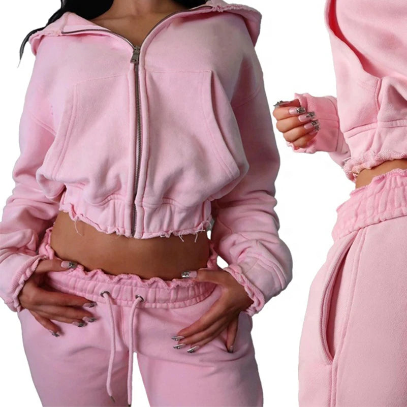 Custom LOGO Pink Distressed Zip Hoodie Women 2 Pieces Tracksuits Workout Joggers Sets Women Two Piece Pants Women's Set