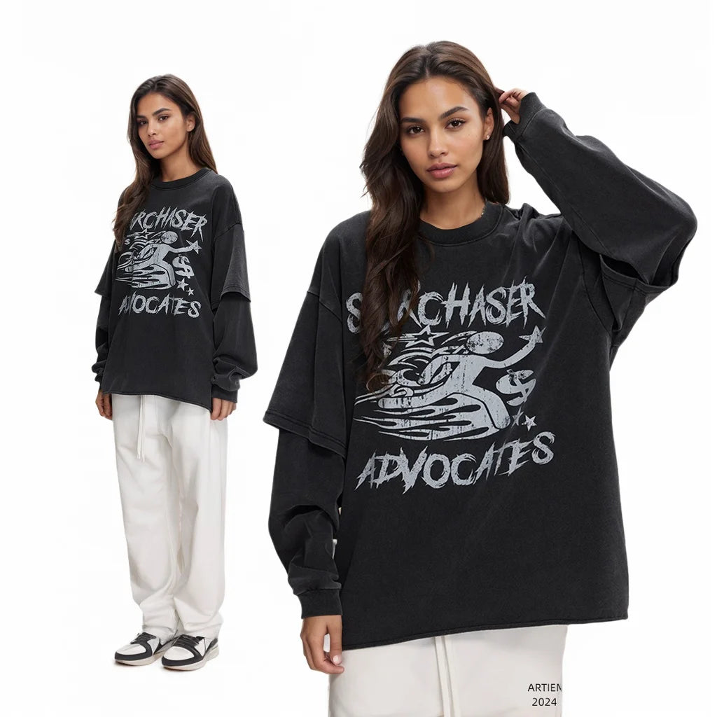 New Style Men's Oversized Crew Neck Double Layer Custom Printed Long Sleeve Vintage Acid Washed Heavy Weight 100% T-Shirts