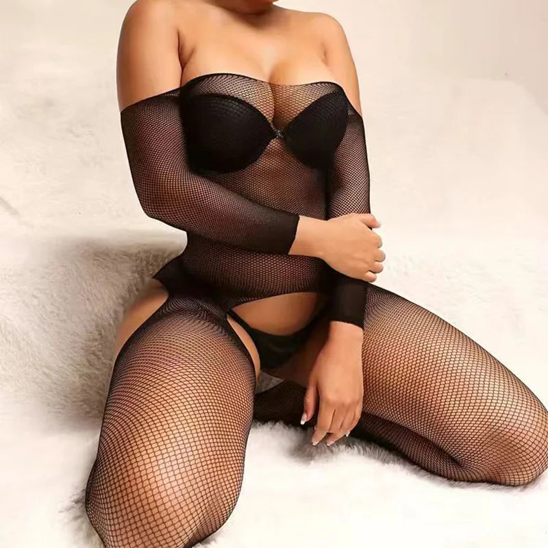New Women Mesh Transparent Lingerie Hollow Open Crotch Temptation Underwear Pantyhose Lady Sexy Slim Fit Bodysuit