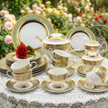 Karosa 24-Piece Luxury Style Bone China Embossed Gold Green Porcelain Plates Coffee Tea Cups for Wedding Afternoon Tea for 6