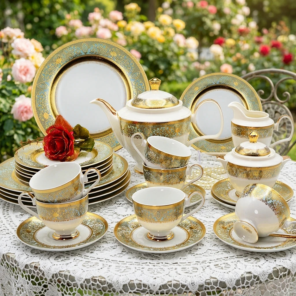 Karosa 24-Piece Luxury Style Bone China Embossed Gold Green Porcelain Plates Coffee Tea Cups for Wedding Afternoon Tea for 6
