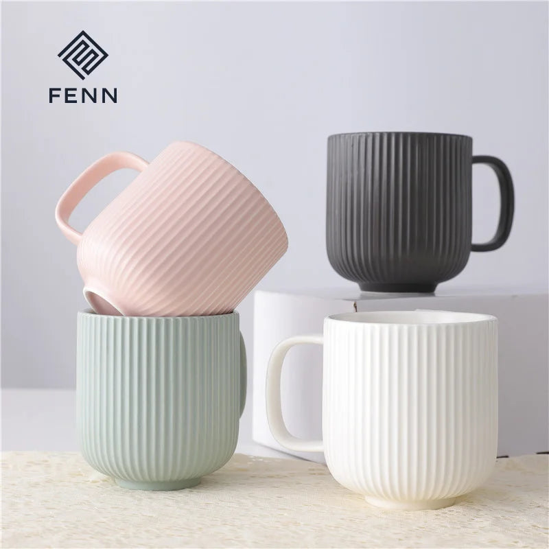 FENN 4 PCS Nordic Style Ceramic Coffee Mugs Stripe Design Tea Cup 350ML Matte Glaze Porcelain Tea Mugs for Wedding Gift Mug