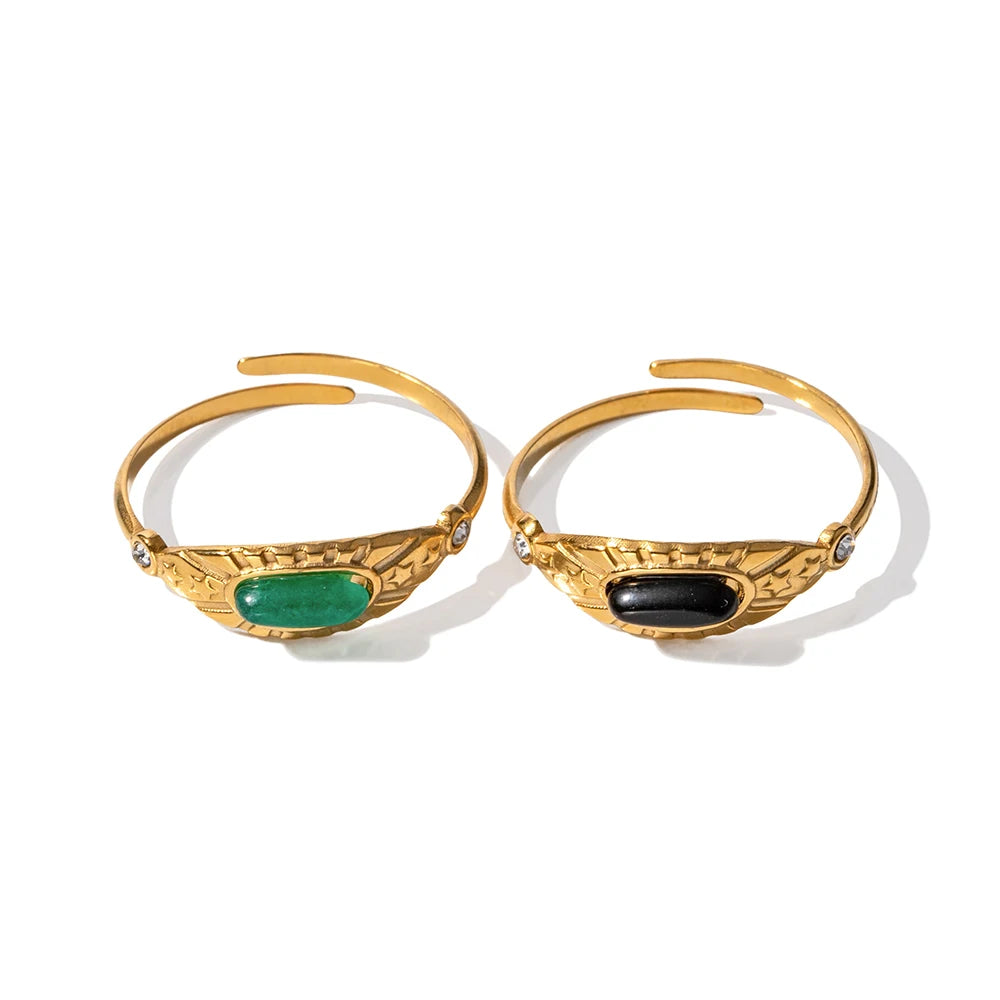 18K Gold Plated Stainless Steel White Natural Stone Jade Cubic Zirconia Sun Star Design Adjustable Ring