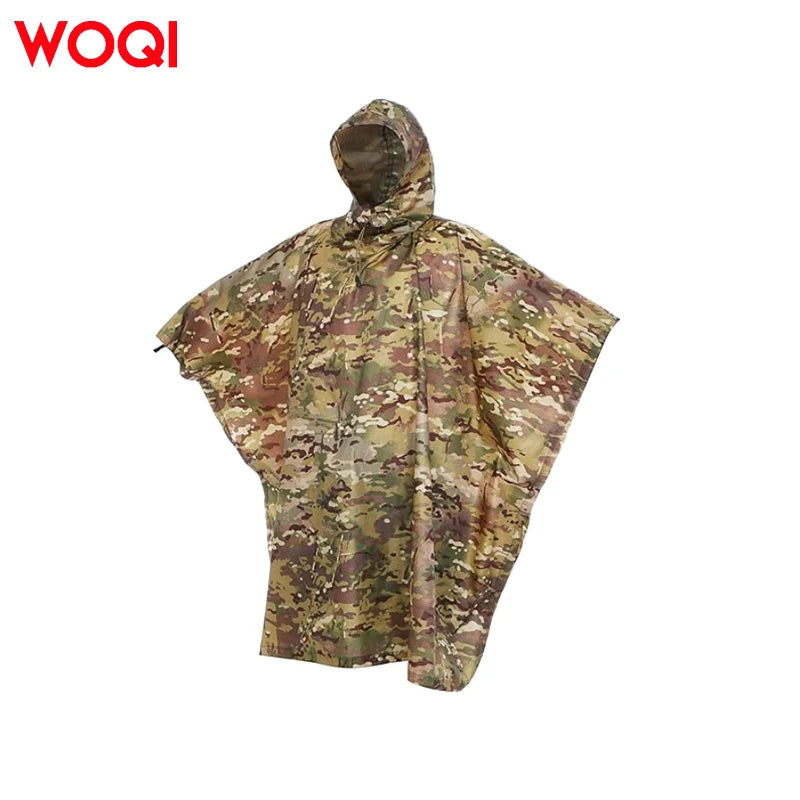 WOQI Lightweight Long Rain Poncho Black PU Waterproof Casual for Outdoor Camping Button Decoration Hiking Clothing