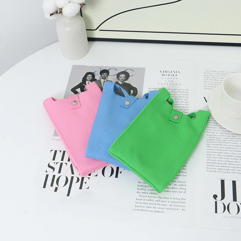 Women's Solid Color Mini Tote Bag Button Closure Polyester Knitted Phone Shoulder Bag