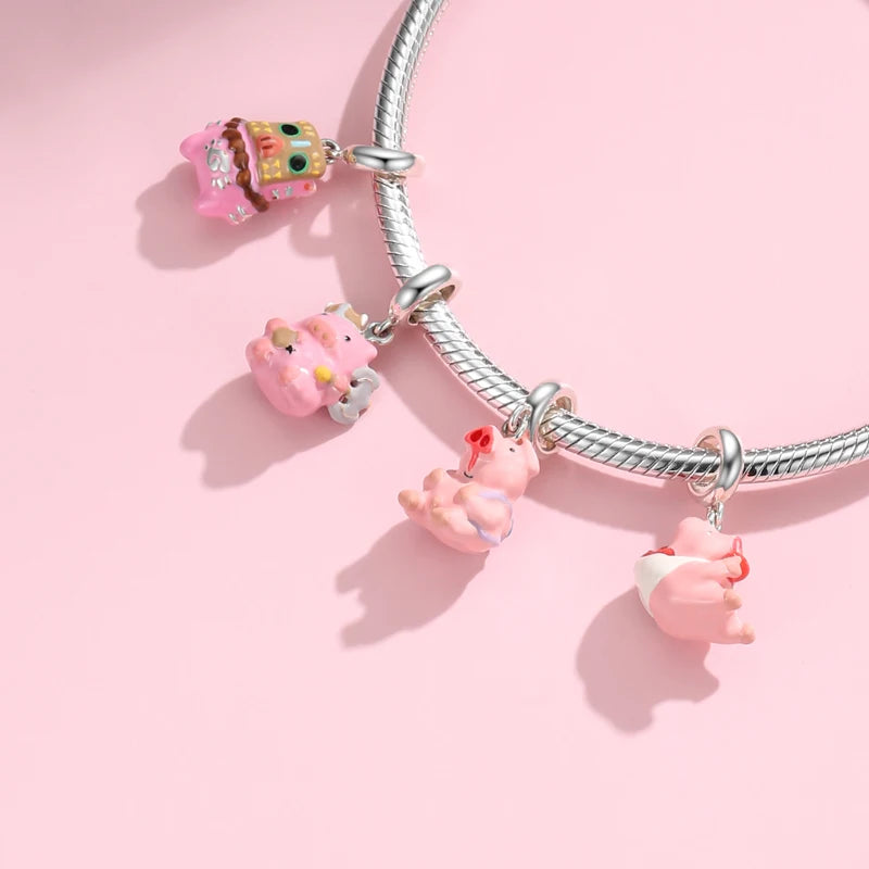 Designer Charms 925 Silver Piggy Dress up Greedy Pig Wizard Pig Warrior Pig Cute Beads Pendant Fit Fashion Women Bracelets