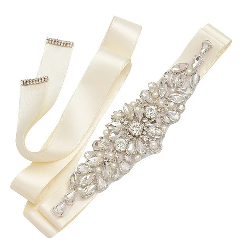 Retro Handmade Bridal Luxury Rhinestone Patch Exquisite Lace Ribbon Gold Silver Diamond Iron-on Applique Girdle Pearl Belt Patch